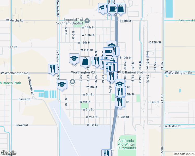map of restaurants, bars, coffee shops, grocery stores, and more near 286 South G Street in Imperial