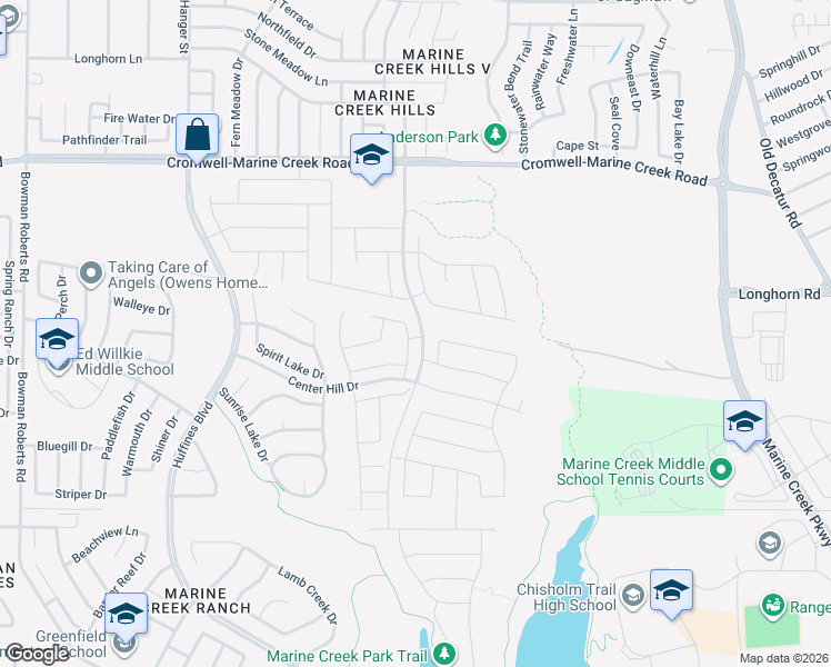 map of restaurants, bars, coffee shops, grocery stores, and more near 6136 Falls Lake Road in Fort Worth