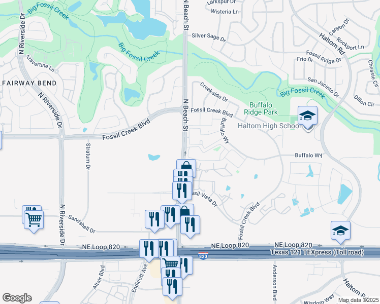 map of restaurants, bars, coffee shops, grocery stores, and more near 5500 North Beach Street in Haltom City