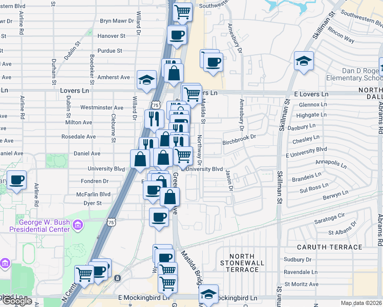 map of restaurants, bars, coffee shops, grocery stores, and more near 5757 East University Boulevard in Dallas
