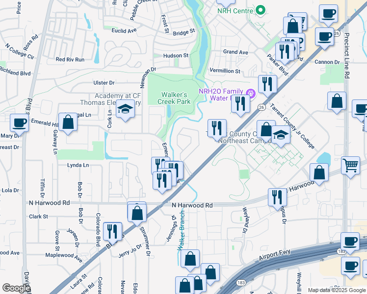 map of restaurants, bars, coffee shops, grocery stores, and more near 8400 Emerald Hills Way in North Richland Hills
