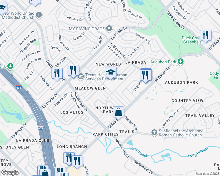 map of restaurants, bars, coffee shops, grocery stores, and more near 633 Grinnell Drive in Garland