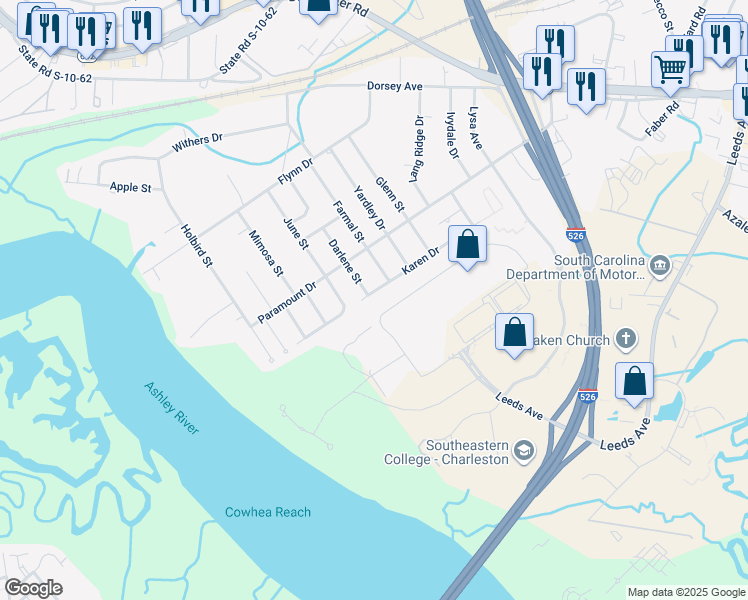 map of restaurants, bars, coffee shops, grocery stores, and more near 4317 Karen Drive in North Charleston