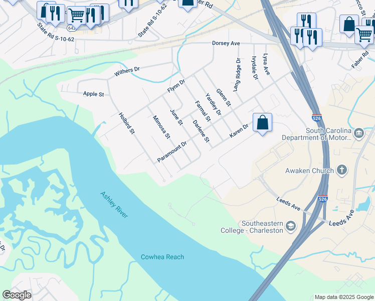 map of restaurants, bars, coffee shops, grocery stores, and more near 4421 Paramount Drive in North Charleston