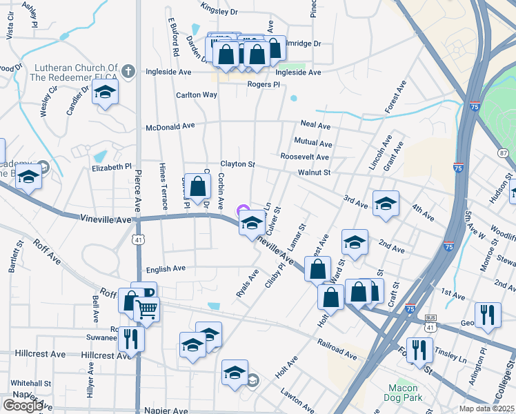 map of restaurants, bars, coffee shops, grocery stores, and more near 2263 Robin Lyn Court in Macon