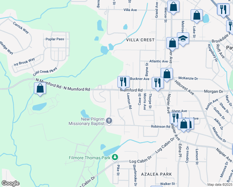 map of restaurants, bars, coffee shops, grocery stores, and more near 4338 Mumford Road in Macon