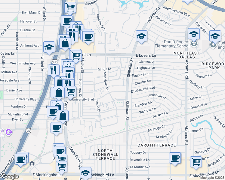 map of restaurants, bars, coffee shops, grocery stores, and more near 6015 East University Boulevard in Dallas