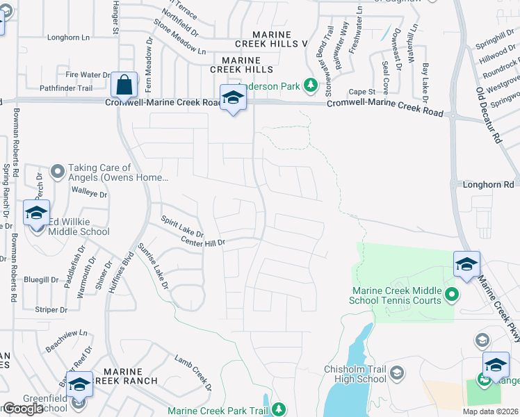 map of restaurants, bars, coffee shops, grocery stores, and more near 6136 Falls Lake Road in Fort Worth
