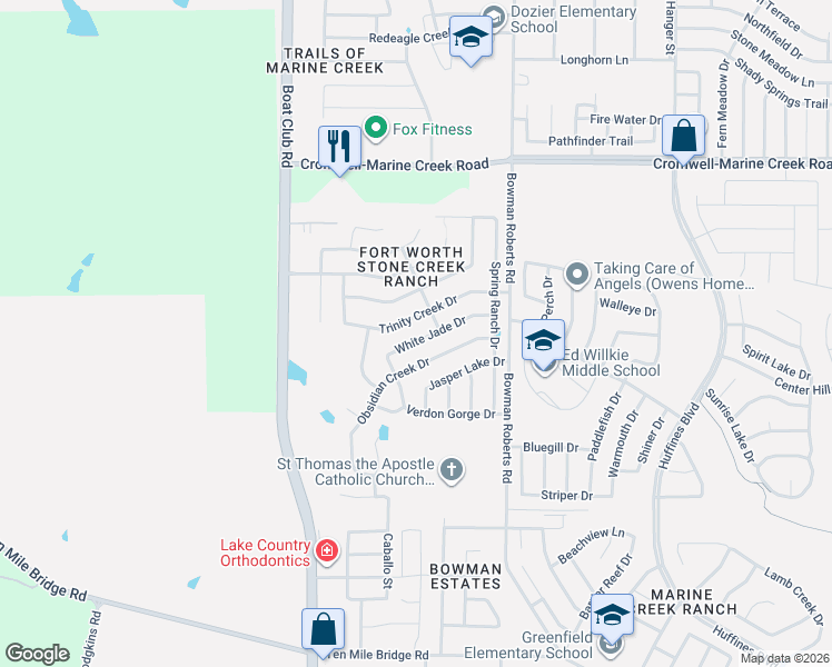 map of restaurants, bars, coffee shops, grocery stores, and more near 6332 Trinity Creek Drive in Fort Worth