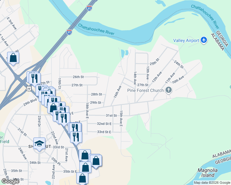 map of restaurants, bars, coffee shops, grocery stores, and more near 2807 16th Avenue in Valley