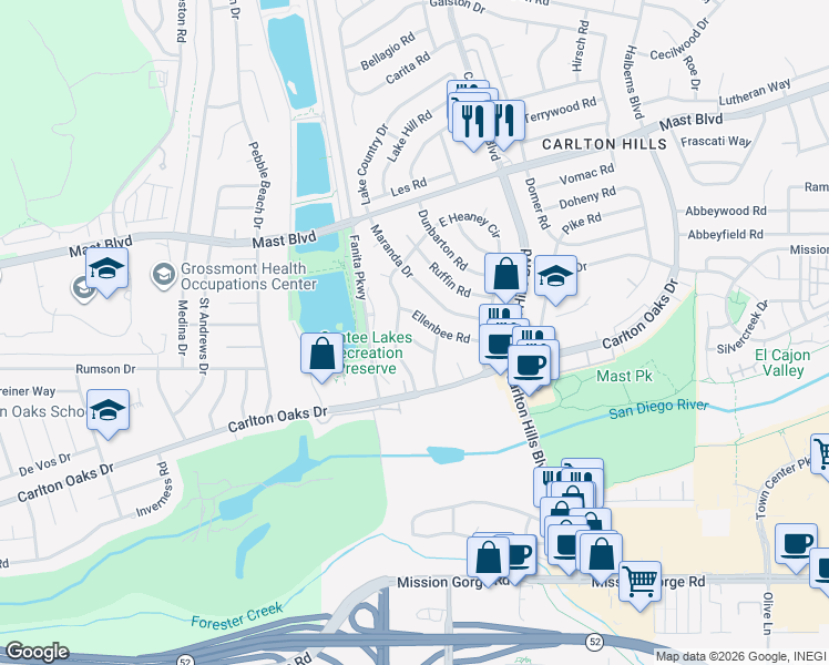 map of restaurants, bars, coffee shops, grocery stores, and more near 9224 Ellenbee Road in Santee