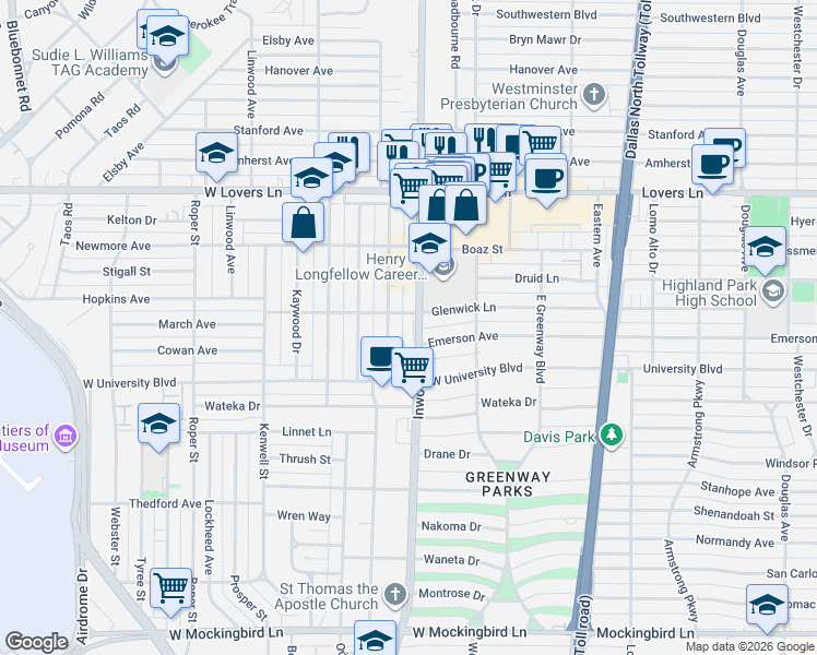 map of restaurants, bars, coffee shops, grocery stores, and more near 7418 Robin Road in Dallas