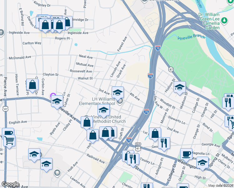 map of restaurants, bars, coffee shops, grocery stores, and more near 285 Moughon Street in Macon