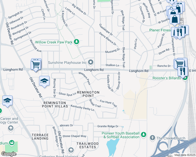 map of restaurants, bars, coffee shops, grocery stores, and more near 636 Saddleway Drive in Fort Worth