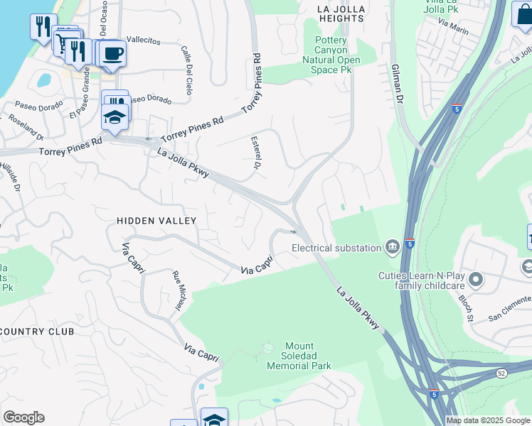 map of restaurants, bars, coffee shops, grocery stores, and more near 2676 Caminito Prado in San Diego
