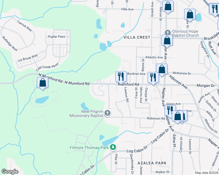 map of restaurants, bars, coffee shops, grocery stores, and more near 4338 Mumford Road in Macon