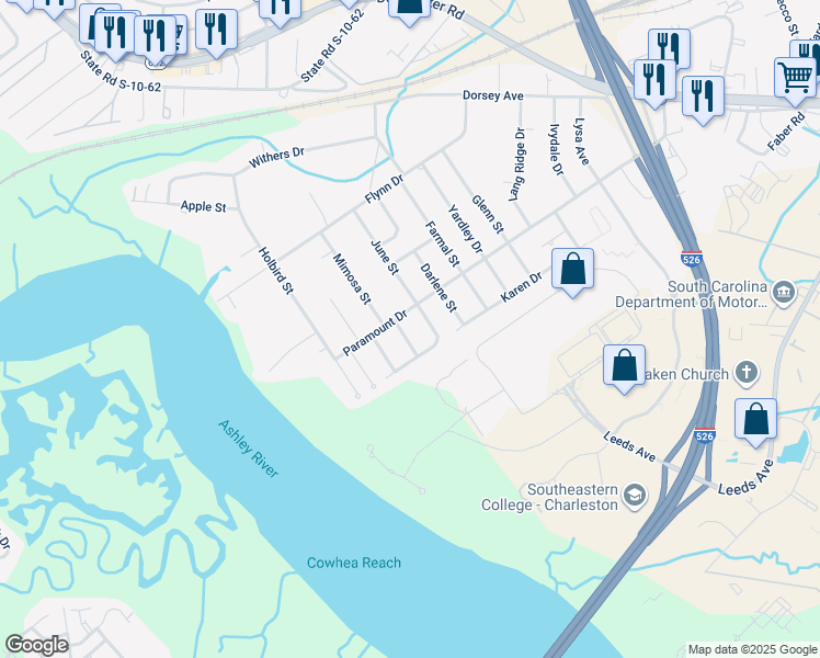 map of restaurants, bars, coffee shops, grocery stores, and more near 4421 Paramount Drive in North Charleston