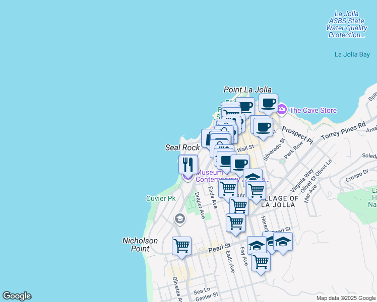 map of restaurants, bars, coffee shops, grocery stores, and more near 849 Coast Boulevard in San Diego