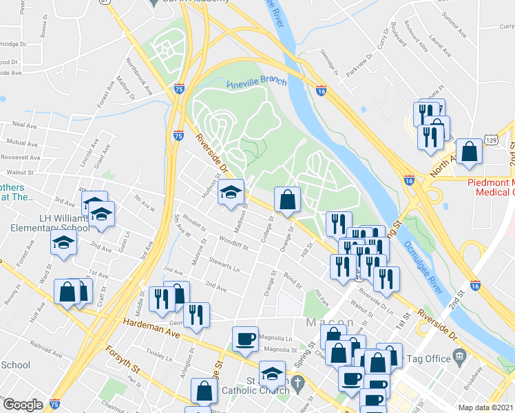 map of restaurants, bars, coffee shops, grocery stores, and more near 1260 Riverside Drive in Macon