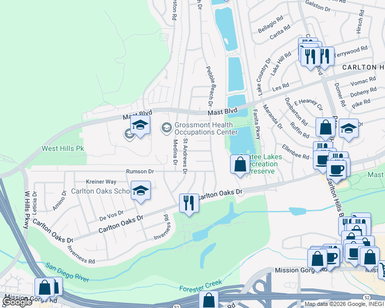 map of restaurants, bars, coffee shops, grocery stores, and more near 8822 Cherry Hills Road in Santee