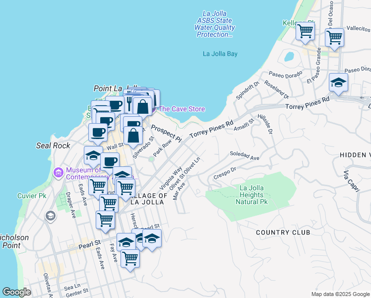 map of restaurants, bars, coffee shops, grocery stores, and more near 7788 Prospect Place in San Diego