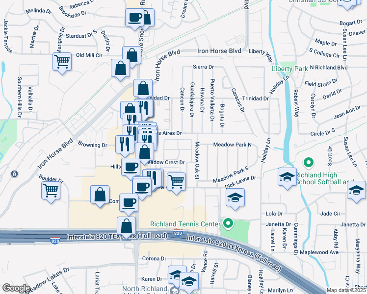 map of restaurants, bars, coffee shops, grocery stores, and more near 6885 Meadow Crest Drive in North Richland Hills