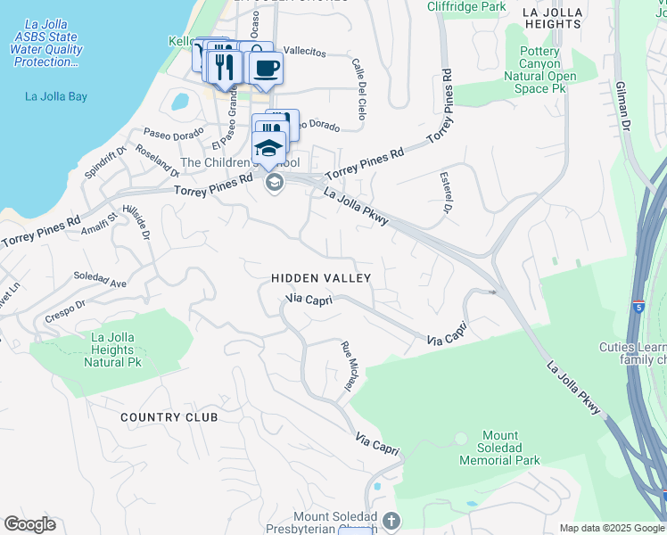 map of restaurants, bars, coffee shops, grocery stores, and more near 2643 Hidden Valley Road in San Diego