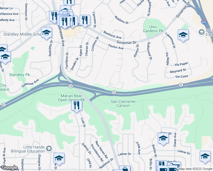 map of restaurants, bars, coffee shops, grocery stores, and more near 5746 Ferber Street in San Diego