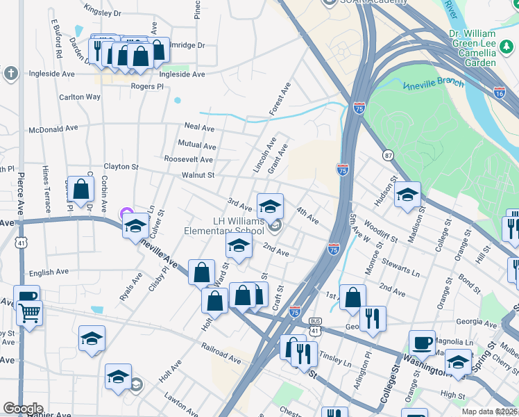 map of restaurants, bars, coffee shops, grocery stores, and more near 1971 3rd Avenue in Macon