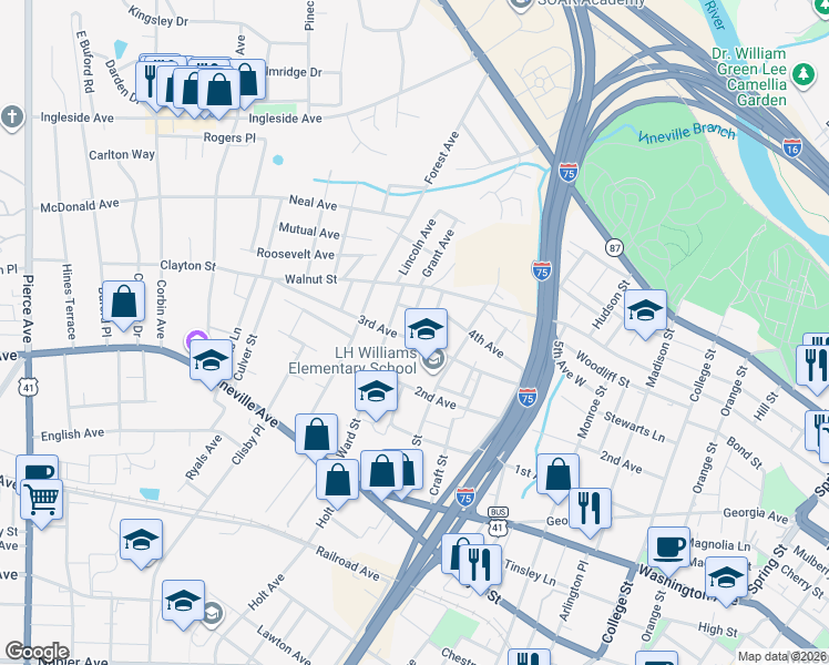 map of restaurants, bars, coffee shops, grocery stores, and more near 1971 3rd Avenue in Macon