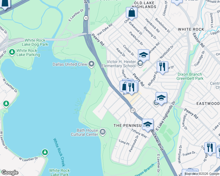 map of restaurants, bars, coffee shops, grocery stores, and more near 607 North Buckner Boulevard in Dallas