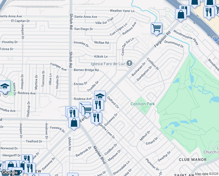 map of restaurants, bars, coffee shops, grocery stores, and more near 11061 Ferguson Road in Dallas