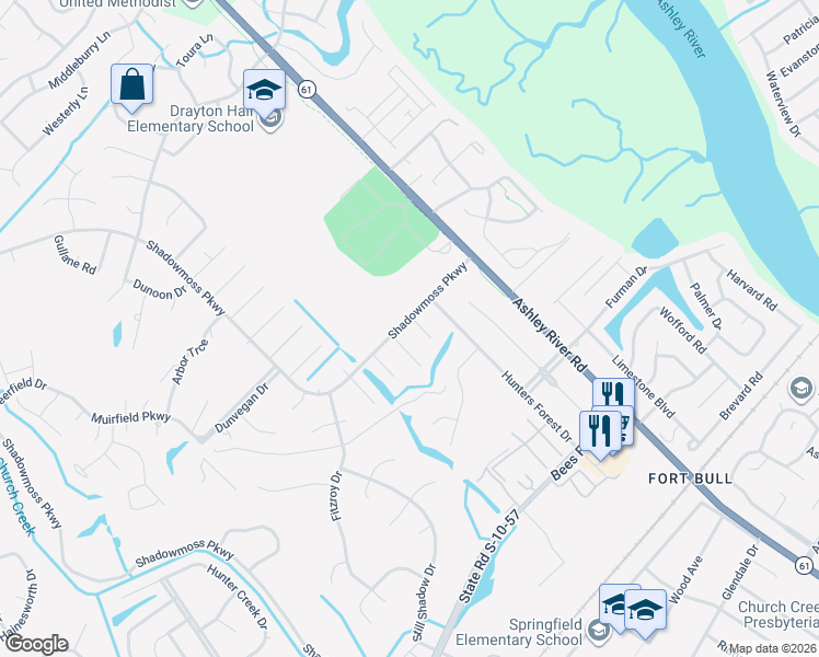 map of restaurants, bars, coffee shops, grocery stores, and more near 21 Shadowmoss Parkway in Charleston