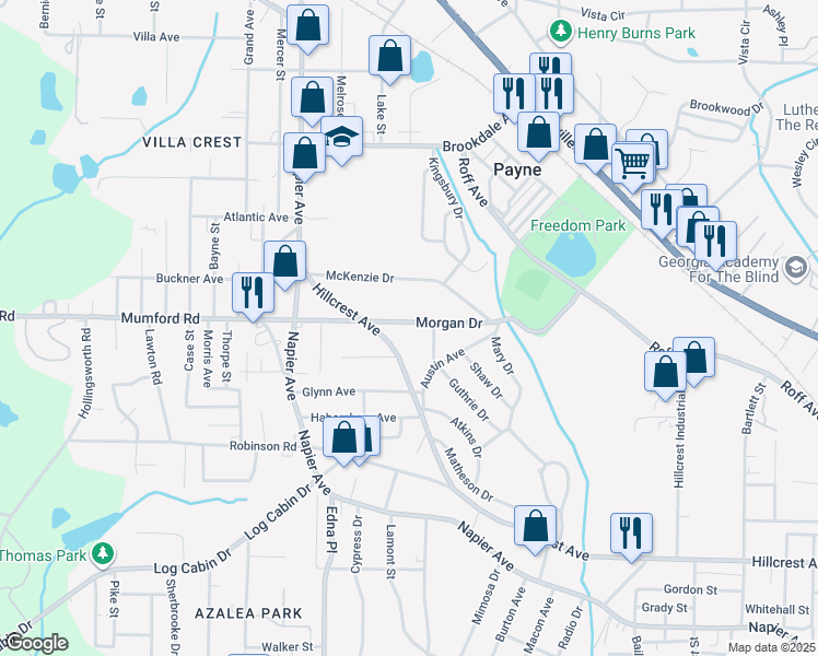 map of restaurants, bars, coffee shops, grocery stores, and more near 3554 Morgan Drive in Macon