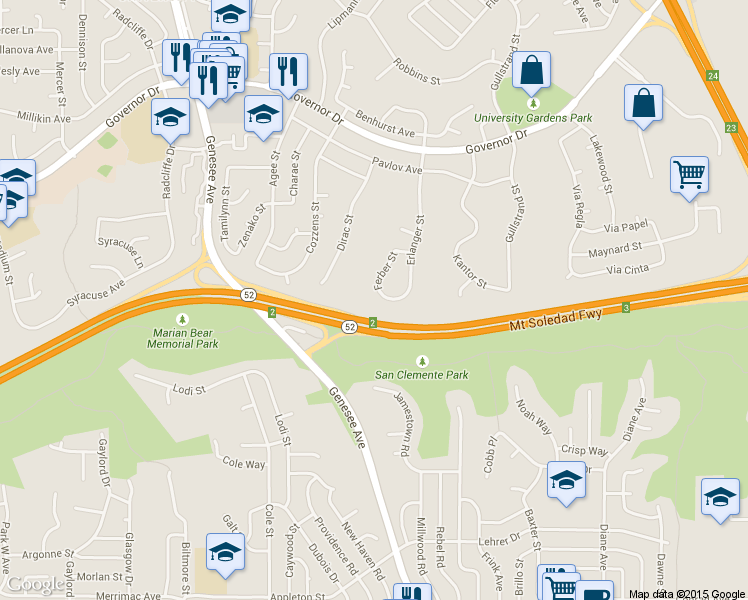 map of restaurants, bars, coffee shops, grocery stores, and more near 5725 Ferber Street in San Diego