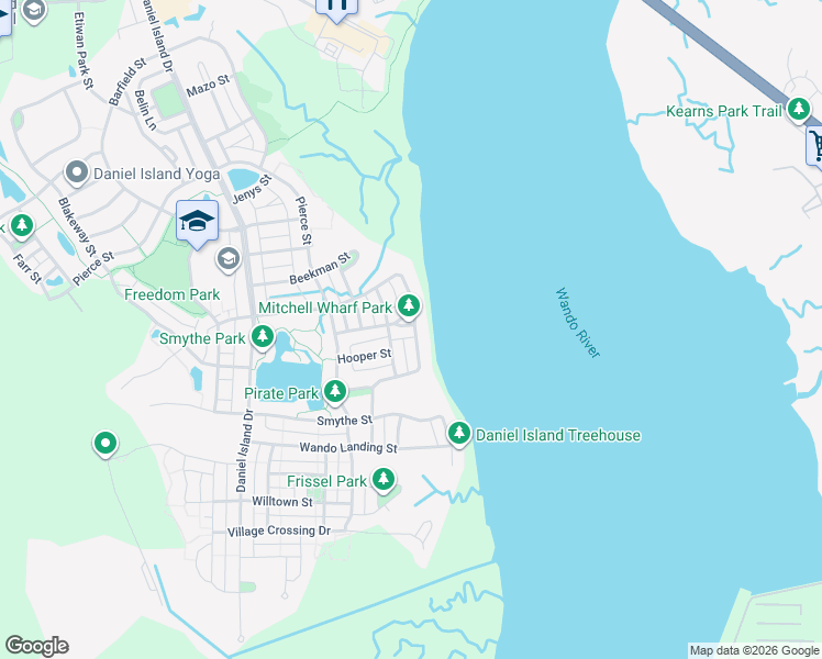 map of restaurants, bars, coffee shops, grocery stores, and more near 1545 Mitchell Wharf Street in Charleston