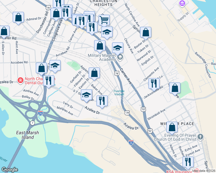 map of restaurants, bars, coffee shops, grocery stores, and more near 2867 Meeting Street in North Charleston