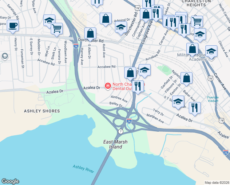 map of restaurants, bars, coffee shops, grocery stores, and more near 2366 Suffolk Street in North Charleston