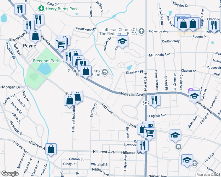 map of restaurants, bars, coffee shops, grocery stores, and more near 110 Desoto Place in Macon