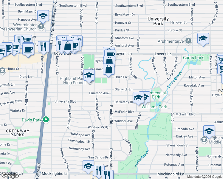 map of restaurants, bars, coffee shops, grocery stores, and more near 4044 Glenwick Lane in Dallas