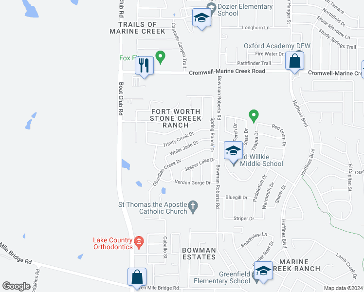 map of restaurants, bars, coffee shops, grocery stores, and more near 6312 White Jade Drive in Fort Worth