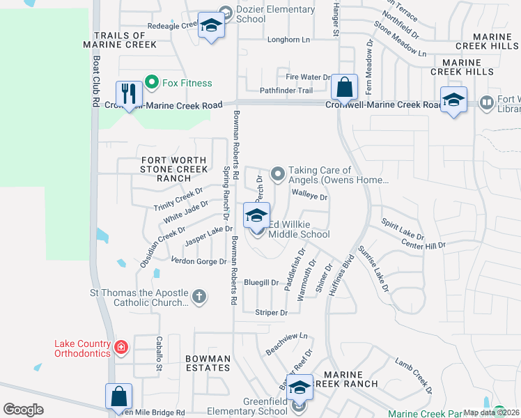 map of restaurants, bars, coffee shops, grocery stores, and more near 6104 Perch Drive in Fort Worth