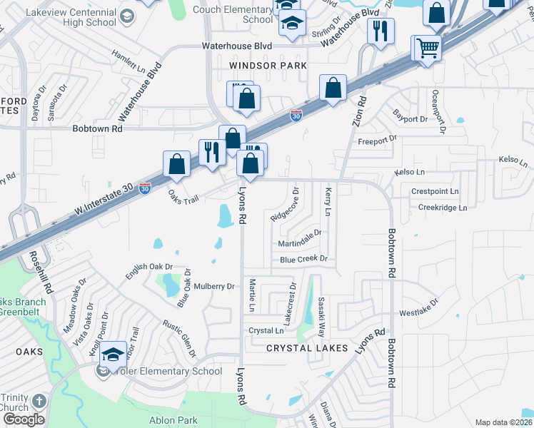 map of restaurants, bars, coffee shops, grocery stores, and more near 5629 Ridgecove Drive in Garland