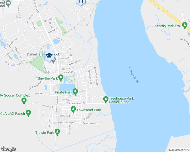 map of restaurants, bars, coffee shops, grocery stores, and more near 1545 Mitchell Wharf Street in Charleston