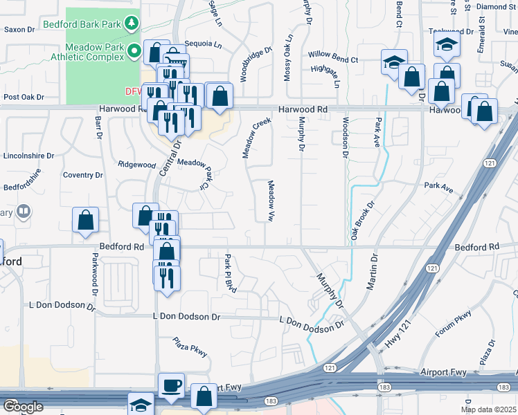 map of restaurants, bars, coffee shops, grocery stores, and more near 2424 Meadow Creek in Bedford