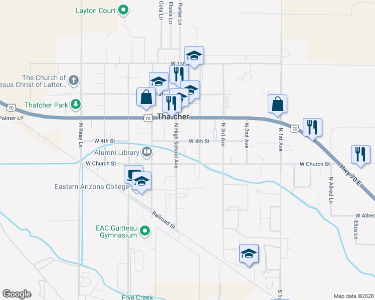 map of restaurants, bars, coffee shops, grocery stores, and more near 859 North Barbs Place in Thatcher