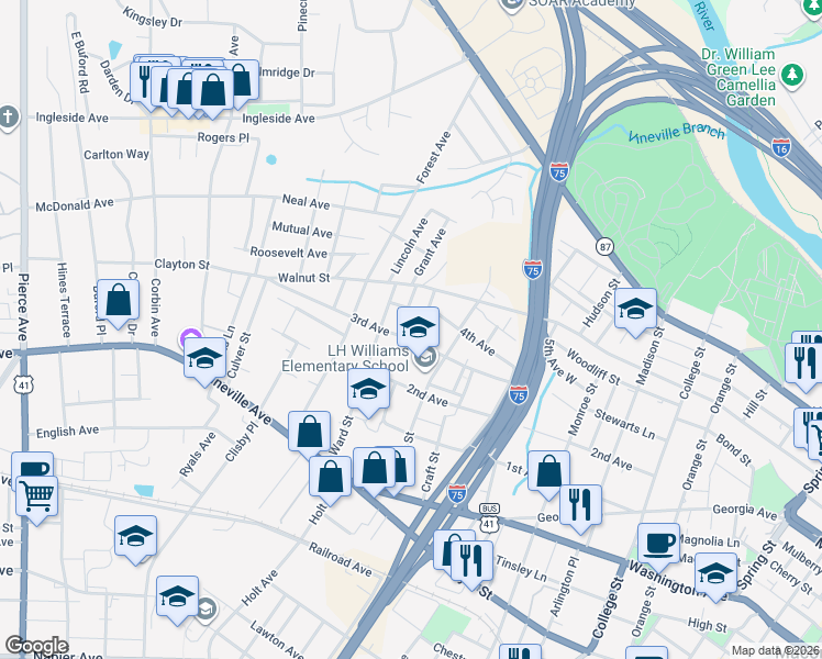 map of restaurants, bars, coffee shops, grocery stores, and more near 1971 3rd Avenue in Macon