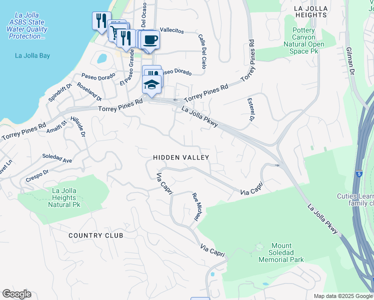 map of restaurants, bars, coffee shops, grocery stores, and more near 2643 Hidden Valley Road in San Diego