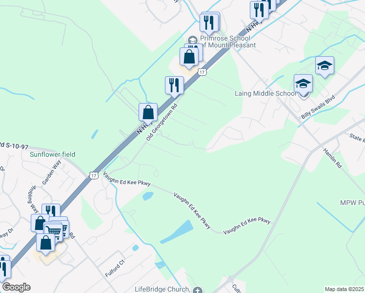 map of restaurants, bars, coffee shops, grocery stores, and more near 1157 Fulton Hall Lane in Mount Pleasant