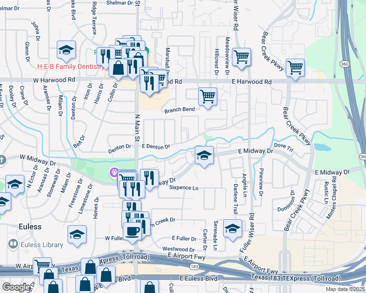 map of restaurants, bars, coffee shops, grocery stores, and more near 308 East Denton Drive in Euless